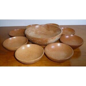 Set of 9 Vintage Made In Japan Light Wood Bowls, 8 ~ Salad/rice + 1 Serving Bowl